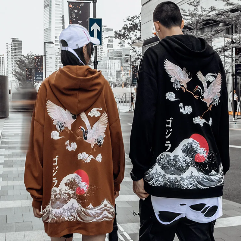 Хип хоп толстовка с капюшоном для мужчин 2019 уличная Harajuku японские иероглифы кран
