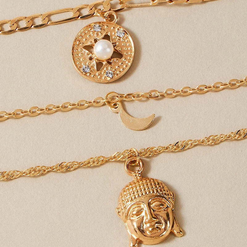 

HuaTang Vintage Pearl Crystal Sun Star Necklace for Women Multilayer Metal Buddha Pendant Female Collares Jewelry on the Neck