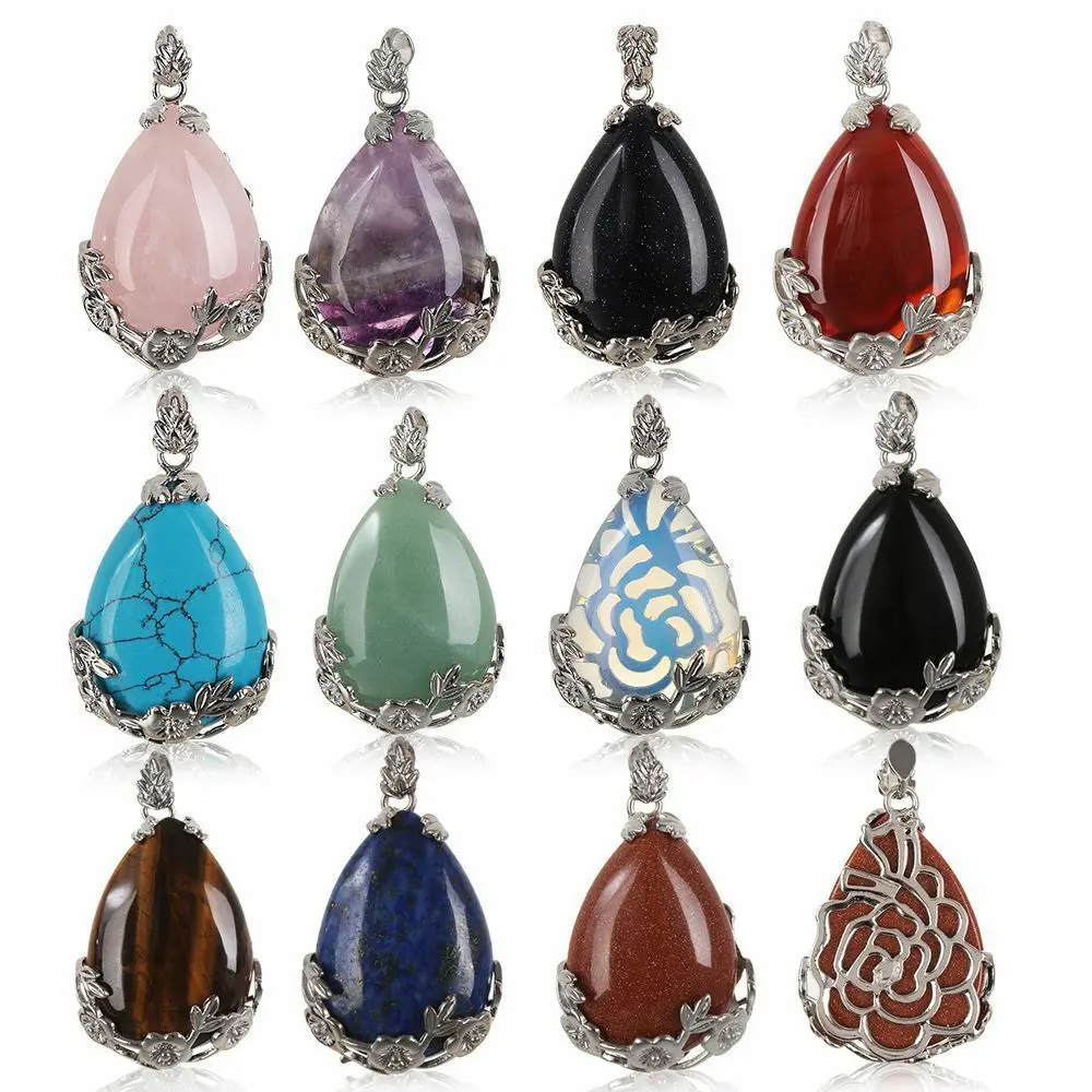 

Natural Multicolor Quartz Crystal Stone Teardrop Inlaid Flower Healing Gemstone Necklace Pendant Water Drop DIY Craft