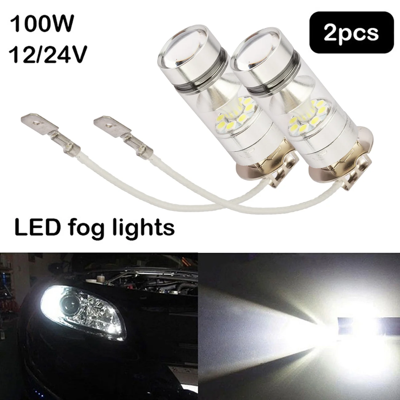 

2PCS H3 100W Car LED Fog Light 360 Degress Beam Angle 1000LM 6000K 2828 DRL Driving Head Lamp H3 Fog Light