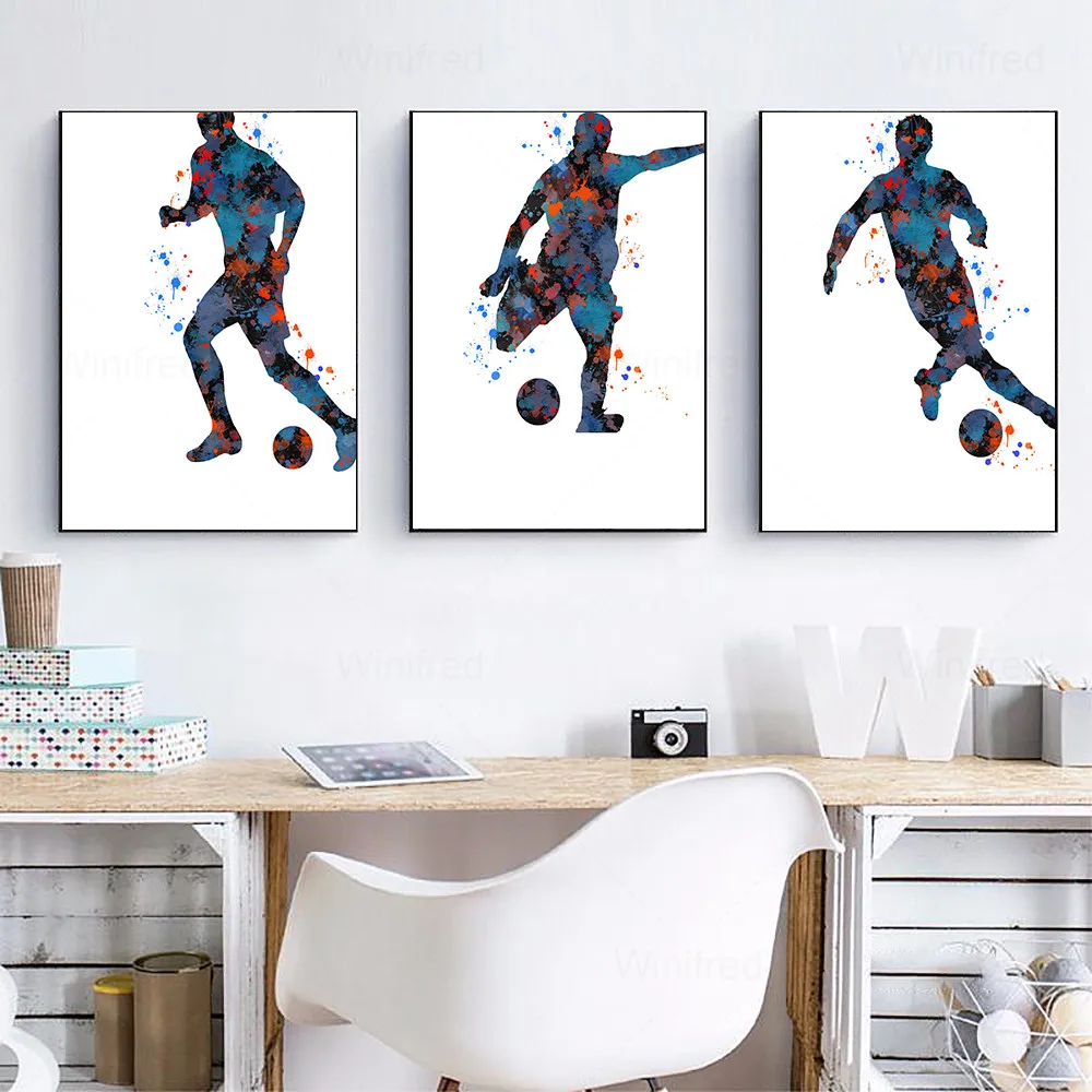 

Watercolor Mens Football Splash Print Poster Abstract Graffiti Human Body Canvas Painting Modern Wall Art Picture Bedroom Decor