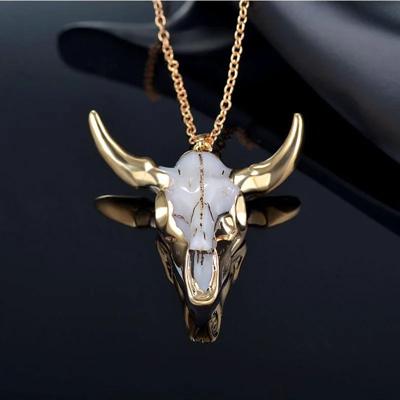 

Vintage Bull Skull Men'S Pendant Necklace Wrapped Gem Buffalo Cattle American Western National Style Denim Jewelry