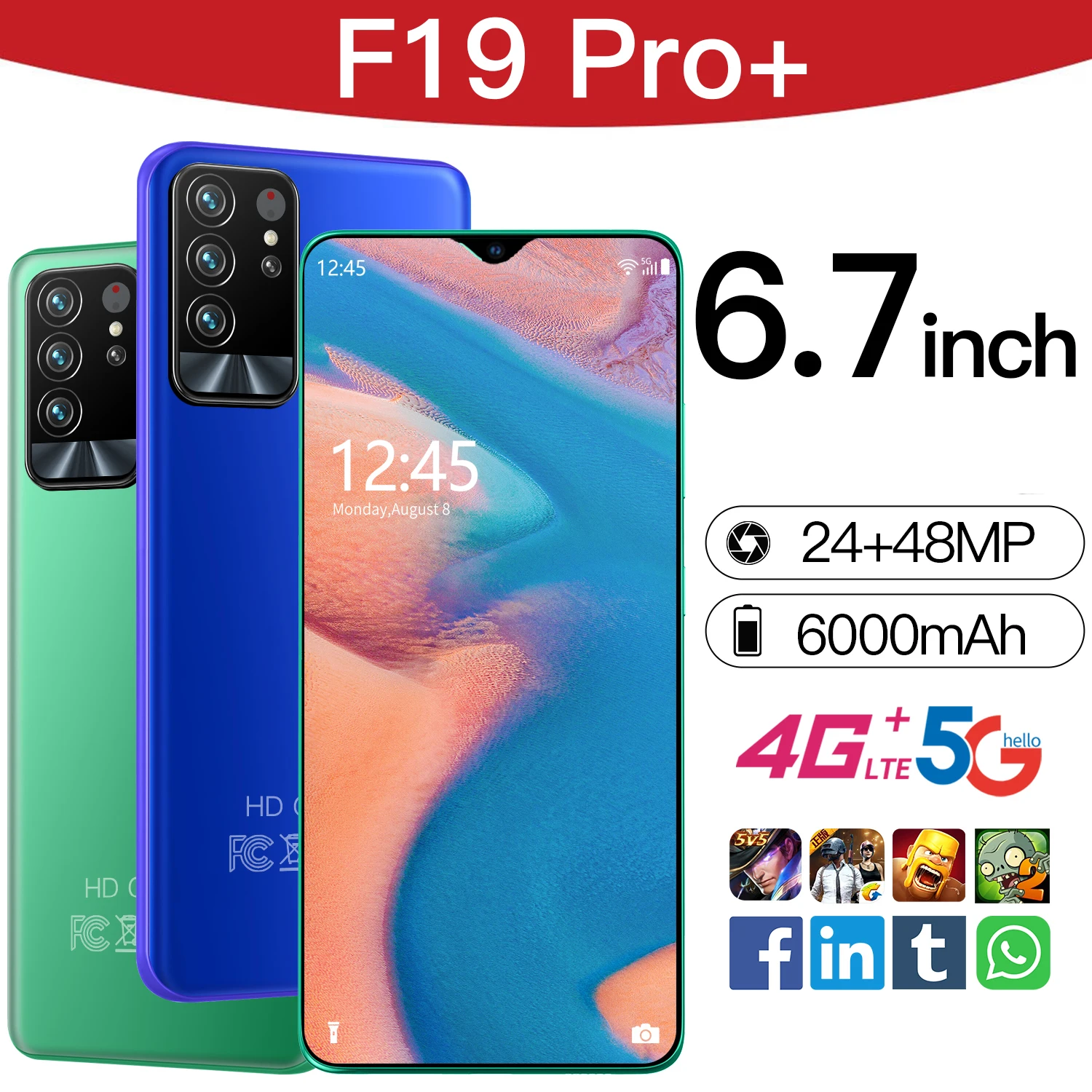 

F19PRO+ 6.7 Inch Water Drop Screen 24+48MP 6000mAh 4G 5G Network Smart Phone Global Face ID Dual SIM Mobie Phone MTK6989 Celular