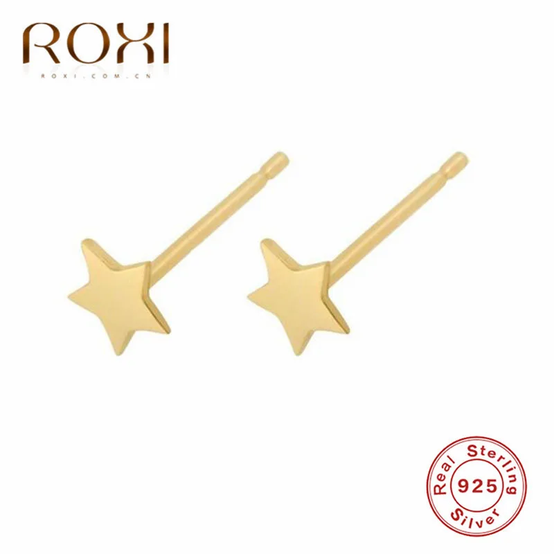 Модные ювелирные изделия ROXI, серьги из стерлингового серебра 925 пробы для женщин, минималистичные очаровательные маленькие серьги-гвоздики, полированная поверхность, серьги со звездами