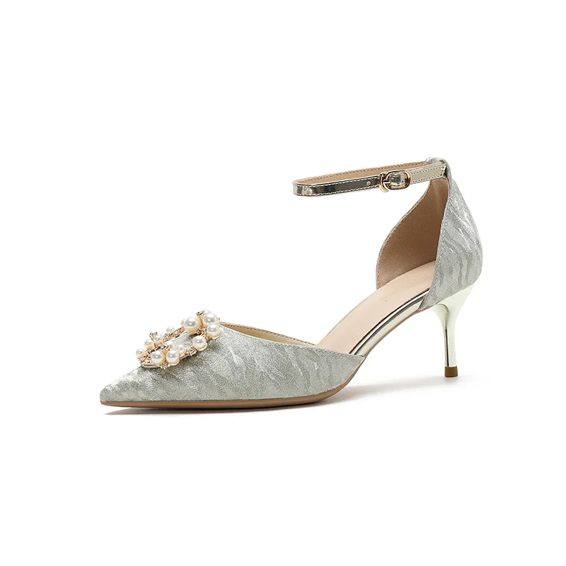 

6cm New Fashion Sandals Thin Heels Ankle Strap Wedding Shoes for Women 41 42 43