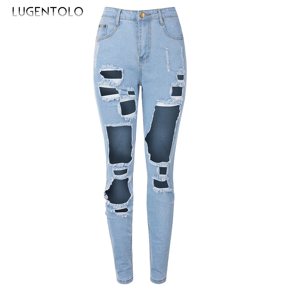 

Lugentolo Women's Fashion Jeans All-match Summer Ripped Hole Jeans Women's Casual Solid High Waist Street Simple Sexy Jeans