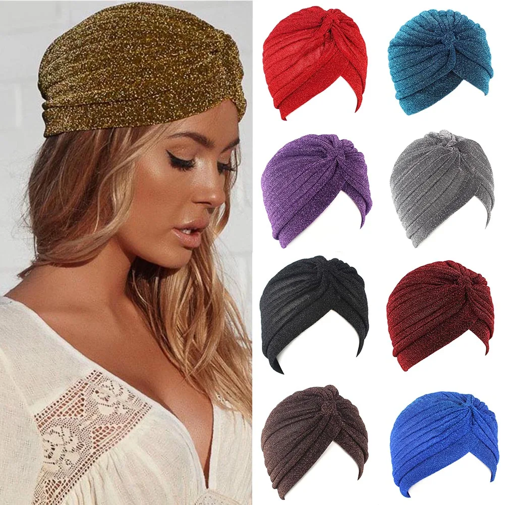 

Twist Knot Turban Cap Women Men Fashion Shiny Muslim Hijab Female Gold Silver Glitter Headscarf Casual Solid Color Indian Hat