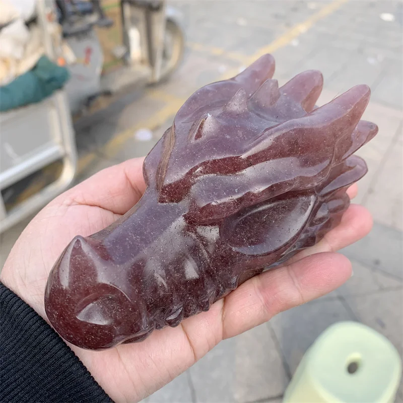 

Natural Strawberry Quartz Crystal Handmade Carved Dragon Head Skull Polished Animal Statue for Home Decoration Gift 1pcs
