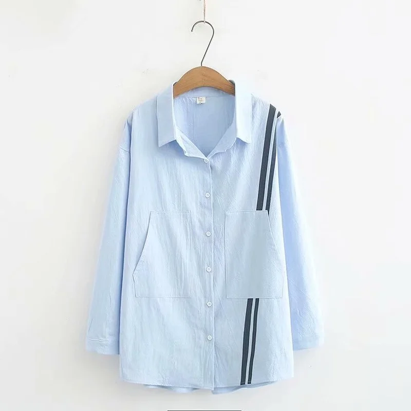 

Женская блузка в полоску, Повседневная Блузка с карманами в Корейском стиле