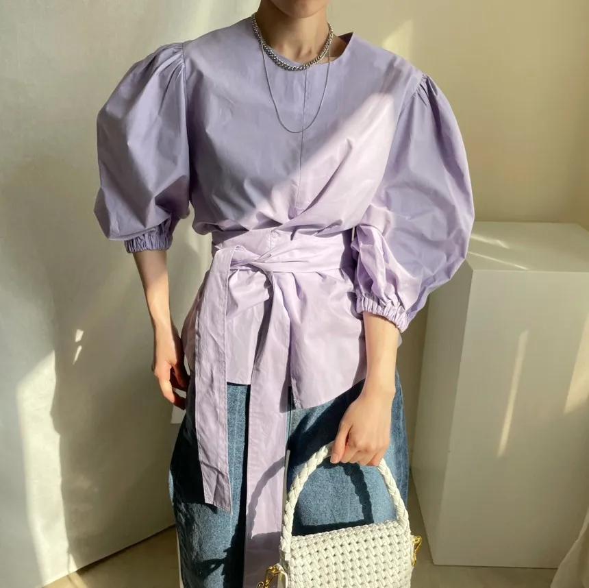 

TVVOVVIN Lace Up Women Blouses Solid Puff Sleeve Summer Korean Vintage Blusas 2021 Loose Ins Fashion Shirts Elegant Tops 53Z2