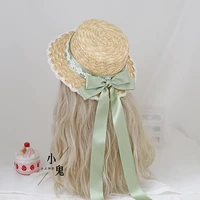 vintage mori girl cute big bow lace ribbon lolita straw hat japanese sweet elegant princess lolita flat cap beach cap summer