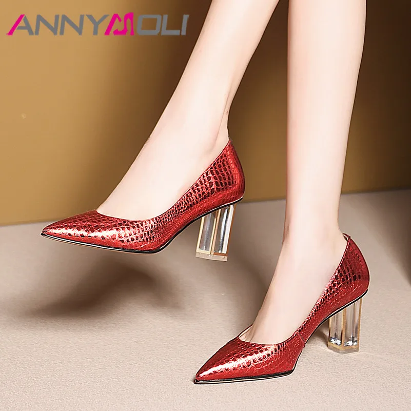 Туфли-лодочки женские из натуральной кожи на Высоком толстом каблуке с острым