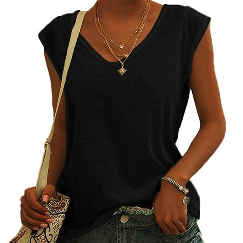 

Women Fashion Solid Color Vest Top Comfortable Breathable Tees Summer Undershirt Ladies Sexy V-Neck Sleeveless Loose Tank Tops