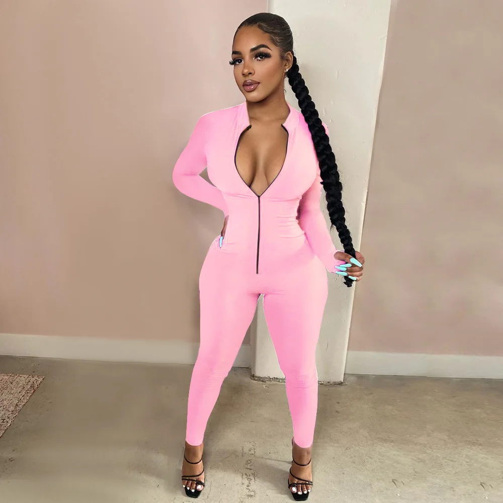 

F.O Plus Size S-5XL Women Solid Jumpsuit Long Sleeve Zipper Casual Active Romper Athleisure Fitness One Piece Overall