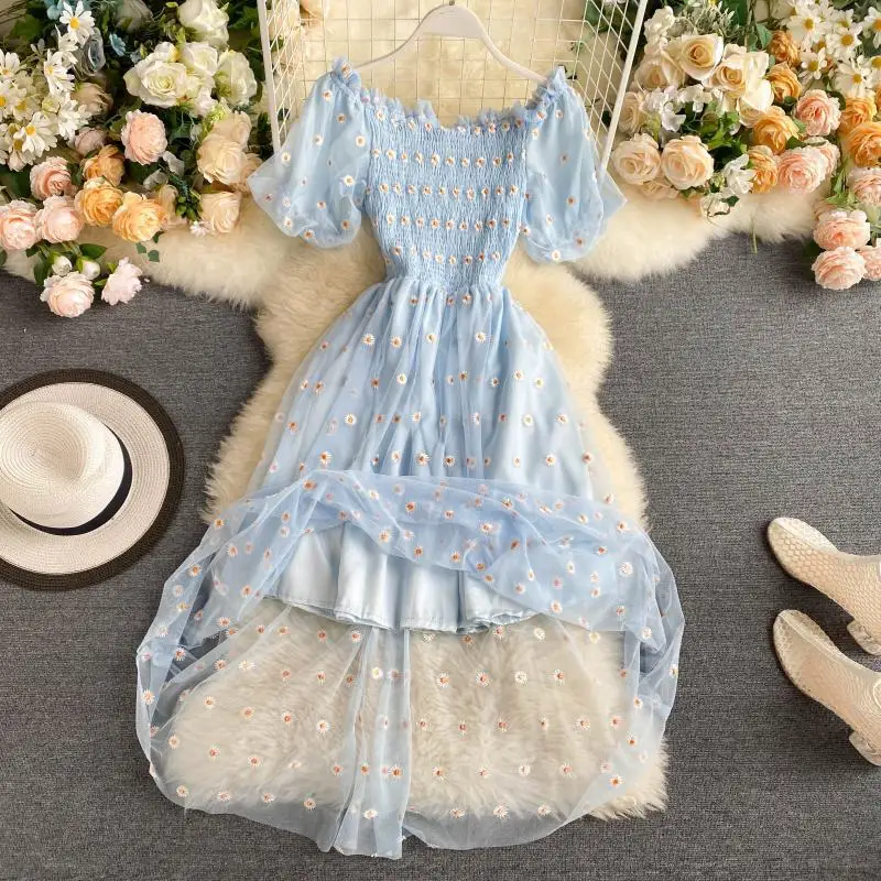 Summer women's dress small daisy collar super fairy sweet net yarn gentle wind beach wind long skirt