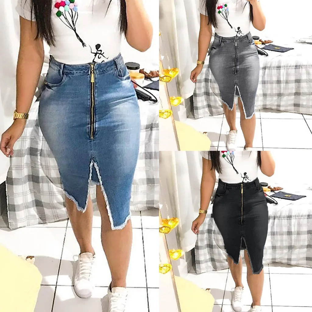 

Women Fashion High Waist Ripped Split Bodycon Street Style Denim Skirt A-line Solid Casual Knee-length