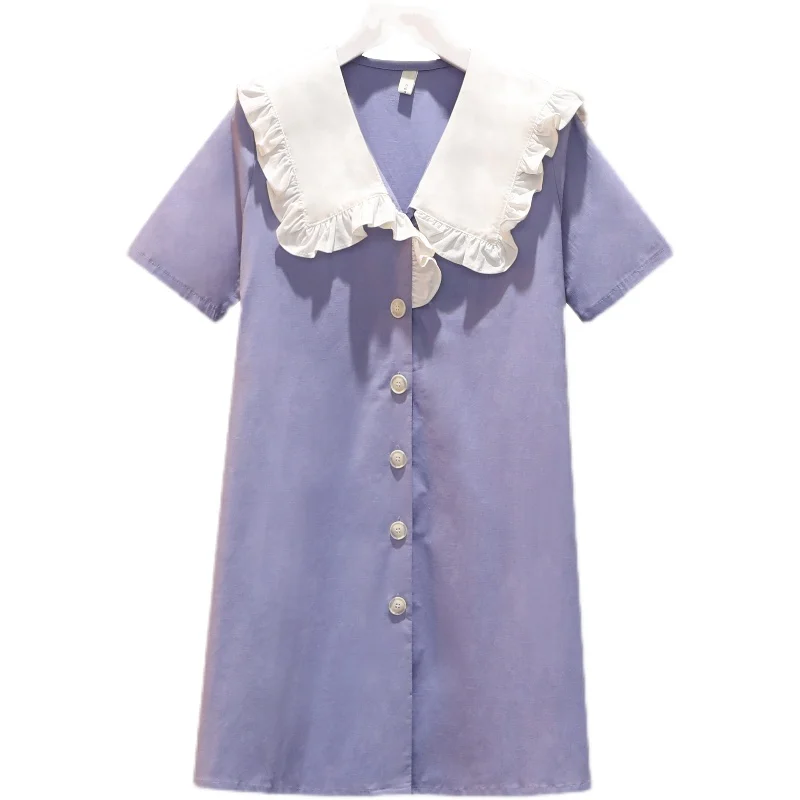 

4XL Plus Size Women Solid Color Sweet A-Line Dress Summer 2021 Cute Peter Pan Collar Short Sleeve Loose Casual Shirt Dresses