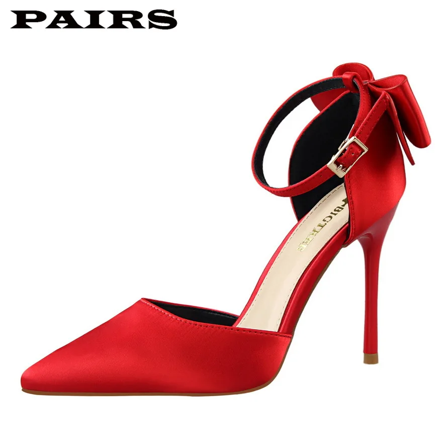 

New Sweet Beauty Shoes Stiletto High Heel Shallow Mouth Female Sandals Pointed Silk Satin Hollow Bow One Word with Sandals 35-43