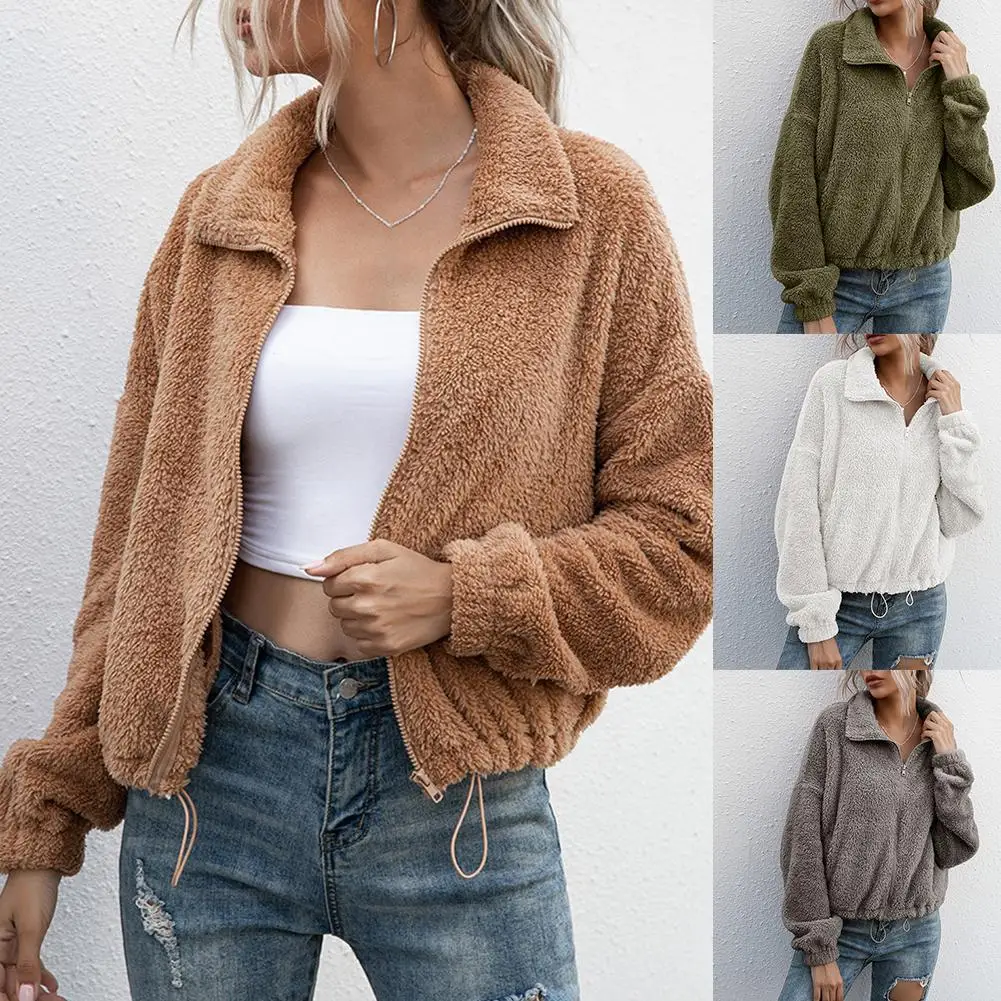 

Autumn Winter Women Coat Jacket Lapel Collar Double-side Fleece Shaggy Drawstring Loose Short Coat Fashion Warm Loose Outwear