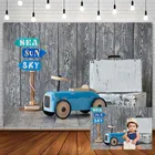 Фон для фотосъемки новорожденных с изображением голубого автомобиля дорожного знака чемодана в винтажном стиле