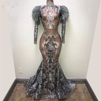grey lace mermaid prom dresses long sleeve high neck feathers illusion evening dress 2019 special occasion gowns robe de soiree