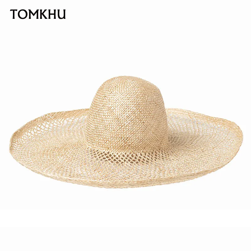 New Women Outdoor Summer Beach Sun Hat Oversize Wide Brim Natural Sisal Straw Hat Fashion Hollowed-out Handmade Kentucky Hats