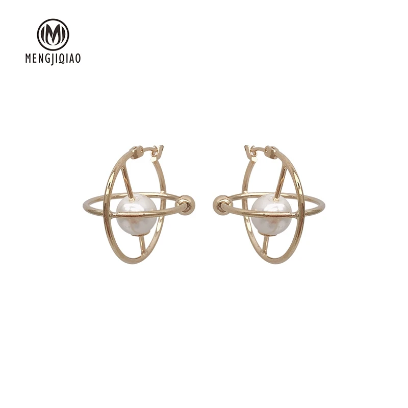 

MENGJIQIAO New Design Metal Ball Hoop Earrings For Women Students Elegant Pearl Statement Geometric Brincos Party Jewelry