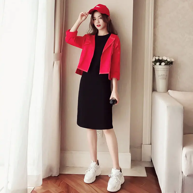 

Весна и осень 2020, удобные джинсы, куртка, пальто, наборы, платье, женское, свободное, с круглым вырезом, Повседневное платье, эластичный, Force, к...