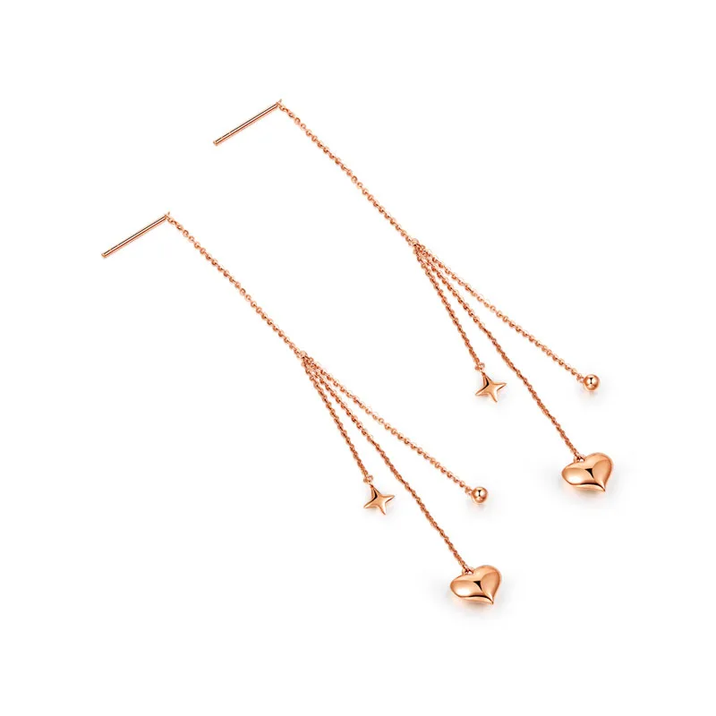 

New 18K Rose Gold Earrings AU750 Gold Heart Long Dangle Earrings