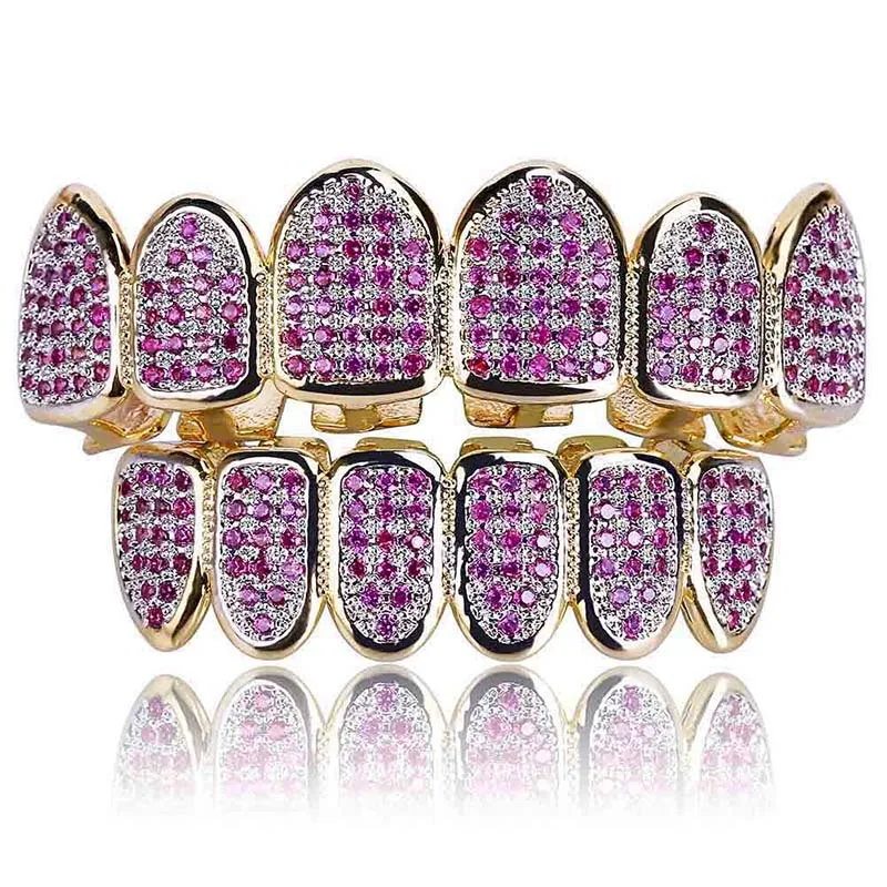 

Hip Hop Teeth Grillz Set Purple CZ Zircon Paved Bling Iced Out Top Bottom Set Dental Grills for Men Rapper Jewelry Gold Color