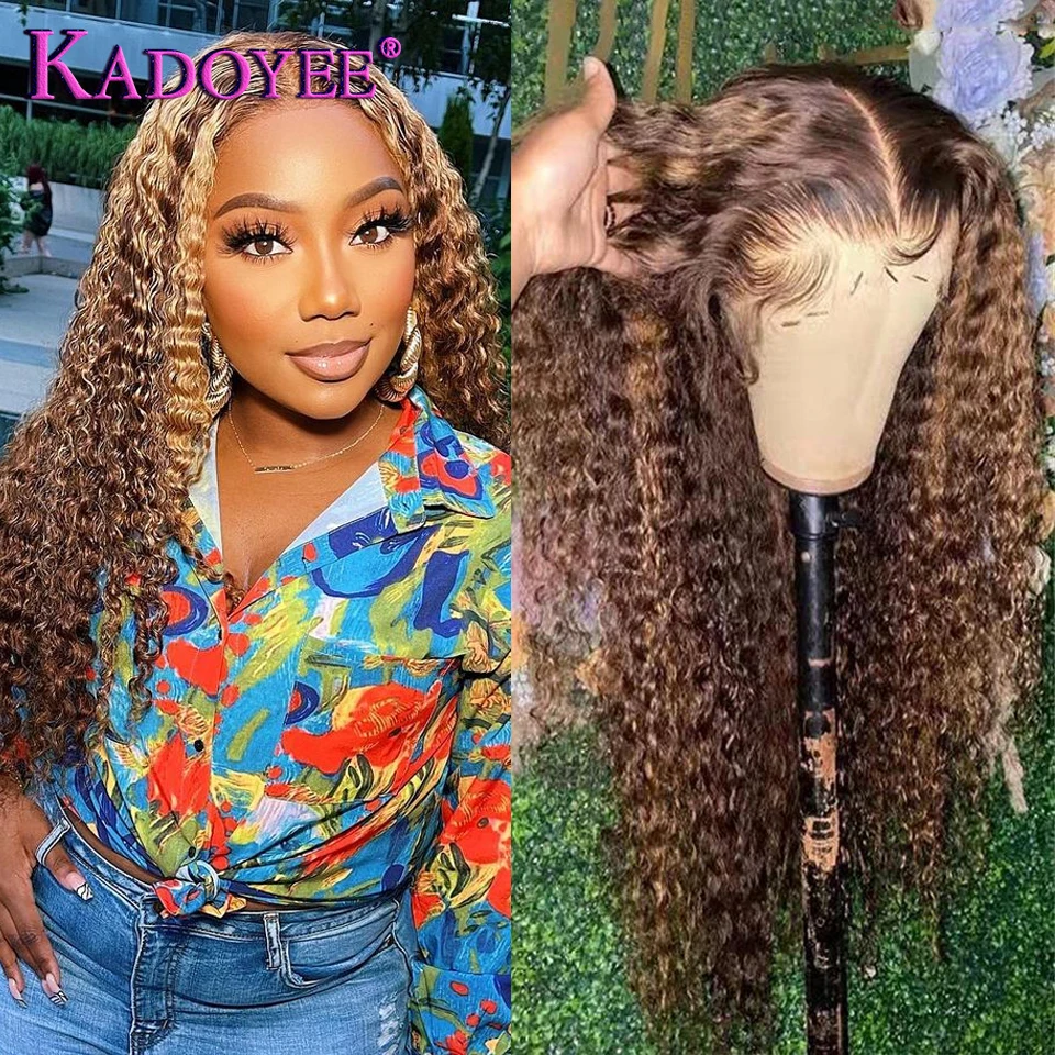 Highlight Honey Brown Curly Lace Front Human Hair Wigs 13x4 Pre Plucked Remy Hair Ombre Colored Curly T Part Lace Wigs For Women