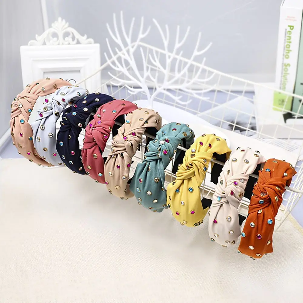 

1 Pcs Bohemian Colorful Rhinestone Hair Hoop Hairband Wide Knotted Satin Headband for Women Fashion Headwear Accessories Jewelry