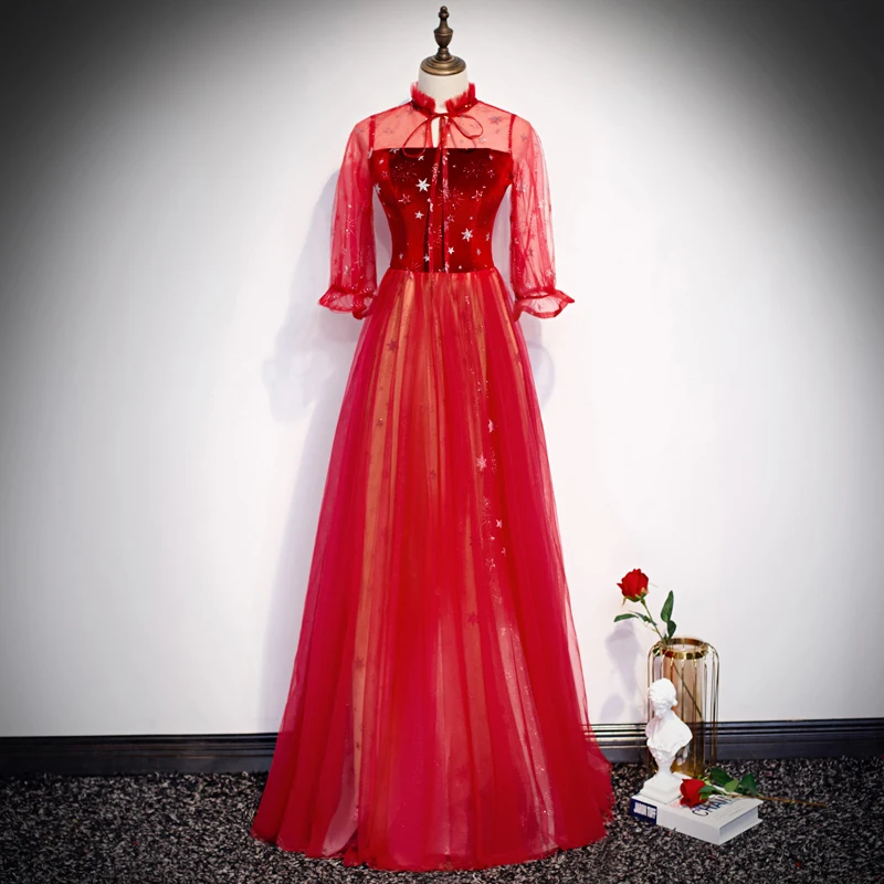 

Вечернее платье с высоким воротом сексуальное платье А-образного силуэта, длина в пол, с короткими рукавами, со шнуровкой; Цвет красного вин...