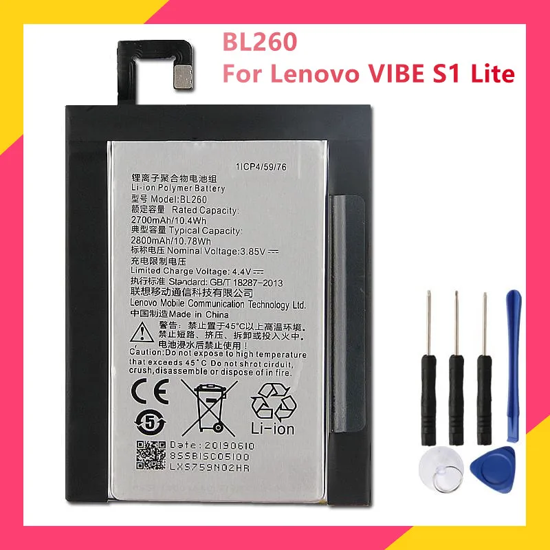 

Original Phone Battery BL260 For Lenovo VIBE S1 Lite Replacement Rechargable Batteries 2800mAh With Free Tools