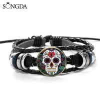 vintage hippie skeleton pu leather bracelet mexican sugar skull folk art pattern glass cabochon adjustable rope bracelet