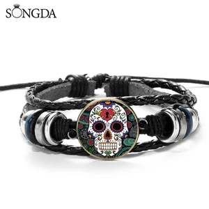 Vintage Hippie Skeleton Pu Leather Bracelet Mexican Sugar Skull Folk Art Pattern Glass Cabochon Adju
