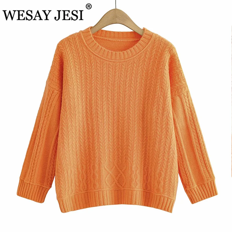 

WESAY JESI Women Clothing Pullover TRAF ZA 2021 Fashion Solid Oversized Knitted Sweater Vintage Long Sleeve Female Pullovers