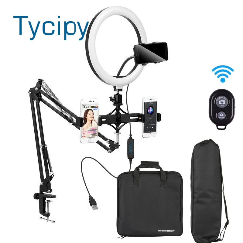 

10" LED Ring Light Camera Tripod Table Stand Set Photography Lighting Adjustable Long Arm Stand For Tiktok Phone Selfie Video