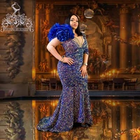 glitter blue sequins africa evening dress one shoulder flower mermaid evening gowns aso ebi shiny formal party dresses plus size