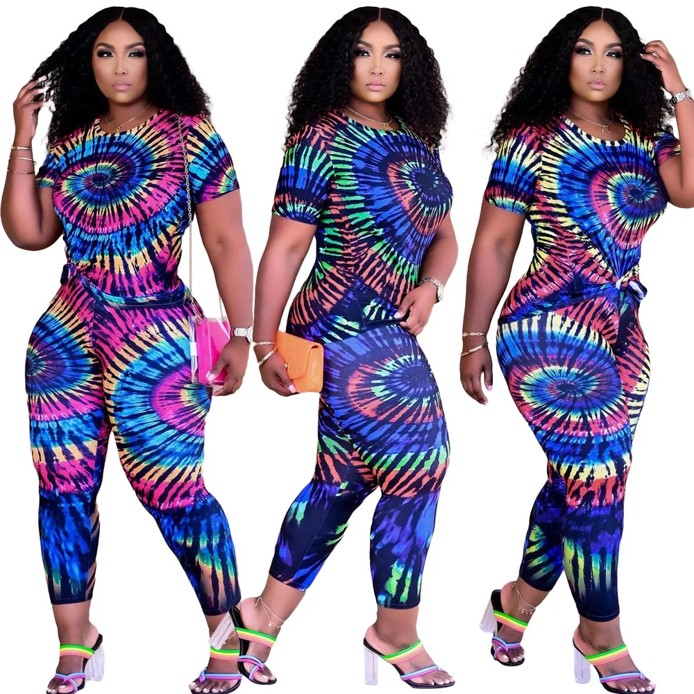 

Casual Rainbow Tie Dyeing Print Short Sleeve T-shirts and Fitness Workout Sweatpants for Women Streetwear Two Piece Club Outfit