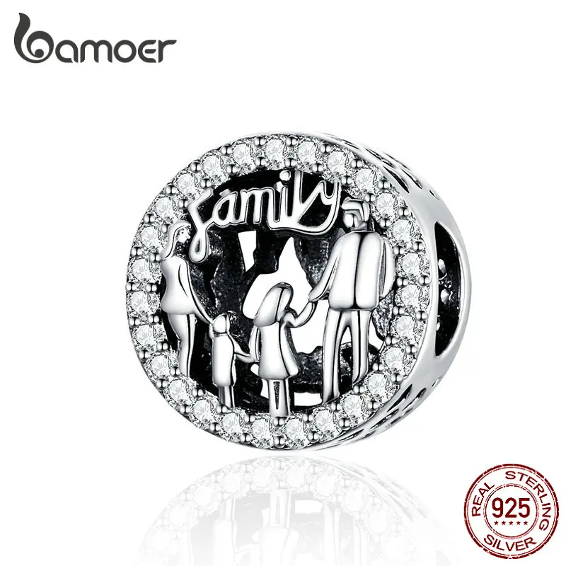 BAMOER семья из четырех круглых металлических бусин 925 пробы серебряные амулеты подходящие браслеты и браслеты женские модные ювелирные изделия SCC1184