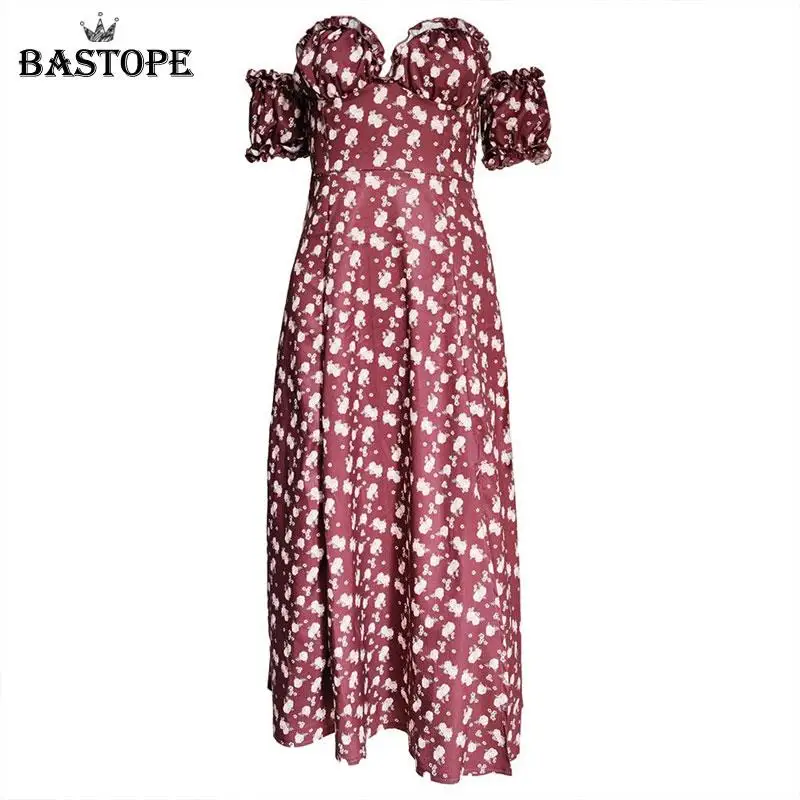 

BASTOPE Off Shoulder Floral Print Slit Dress Women Summer Boho Long Dress Sexy Open chest Dress Party Streetwear 2021 Summer