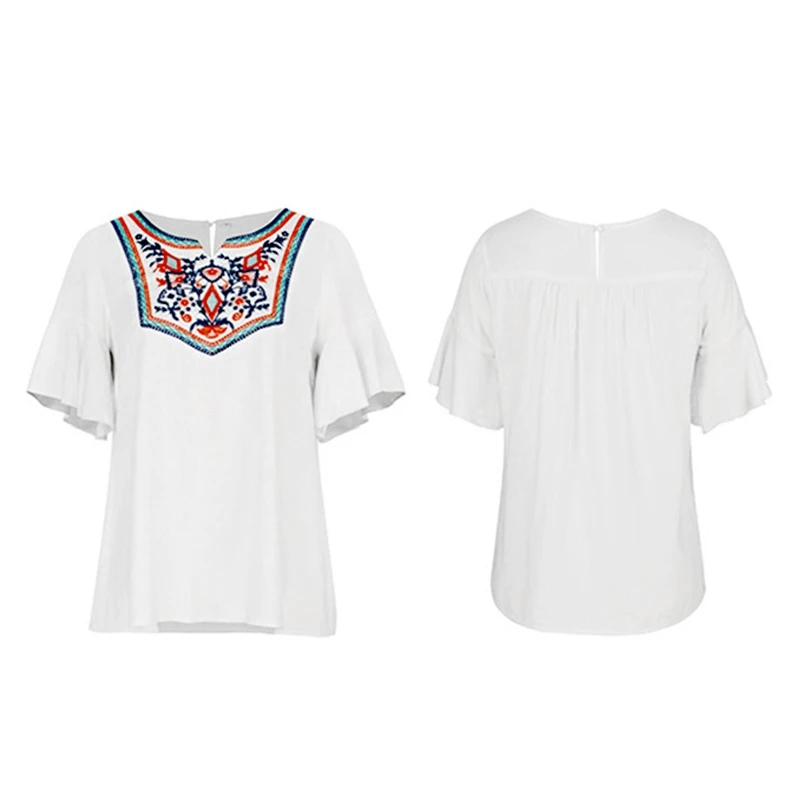 

New Fashion Bohemian O-Neck Summer Embroidery Casual Loose T-Shirt Round Neck Short Sleeve