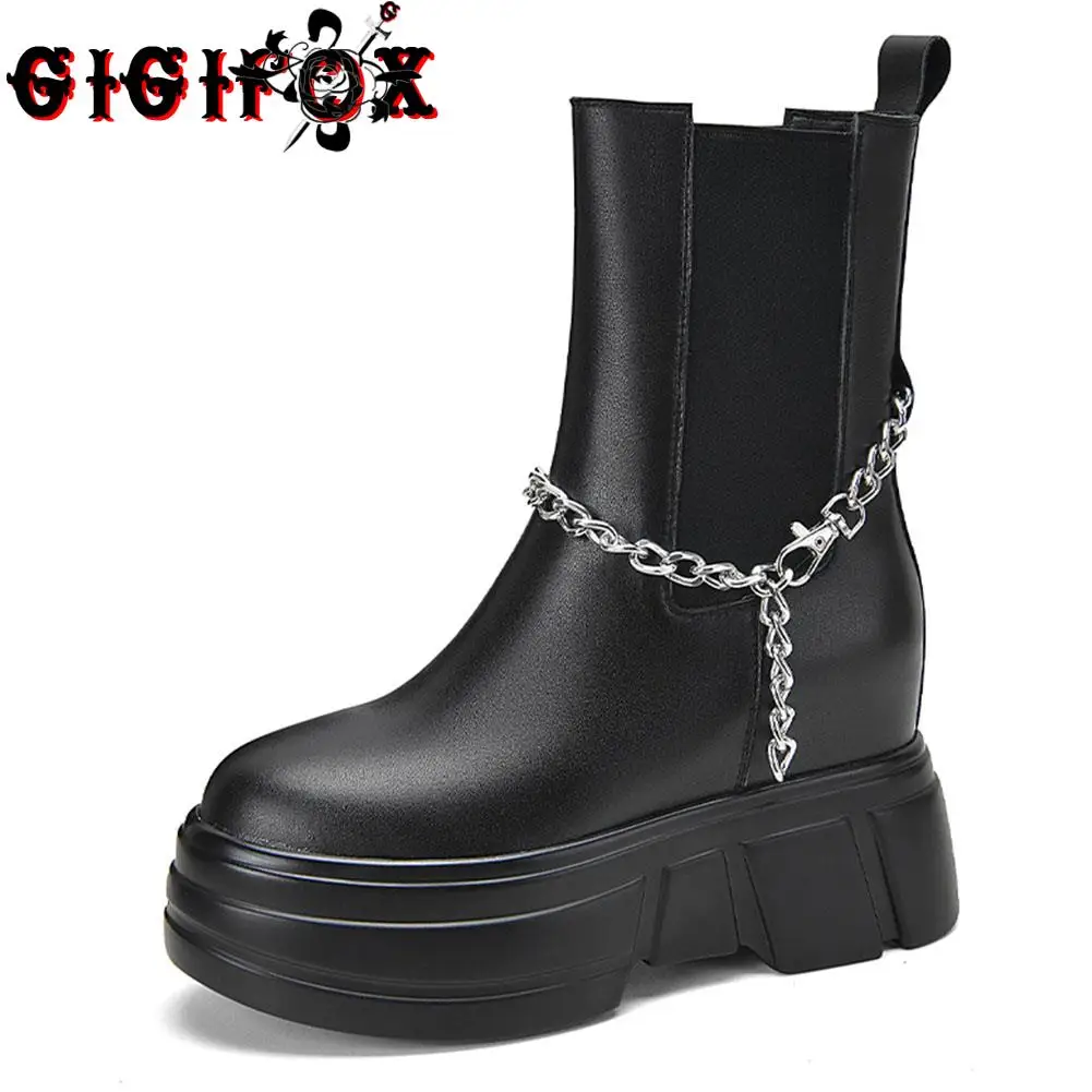 

GIGIFOX Cool Brand New Genuine Leather Chains Height Increase Platform Shoes women's Ankle Boots