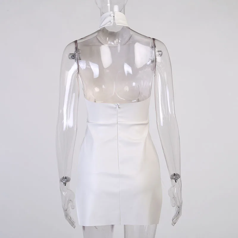 

OneLineFox Leather Woman Dress Backless Halter Split Invisible Zipper Buttons Patchwork Mini White Dress Ladies Summer Party