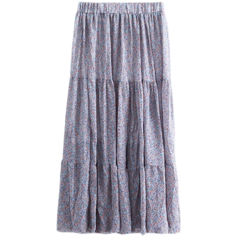 

Lesavir 2021 Korean Spring New Product Chic Floral Chiffon Long Women Skirt Elastic Waist All-match