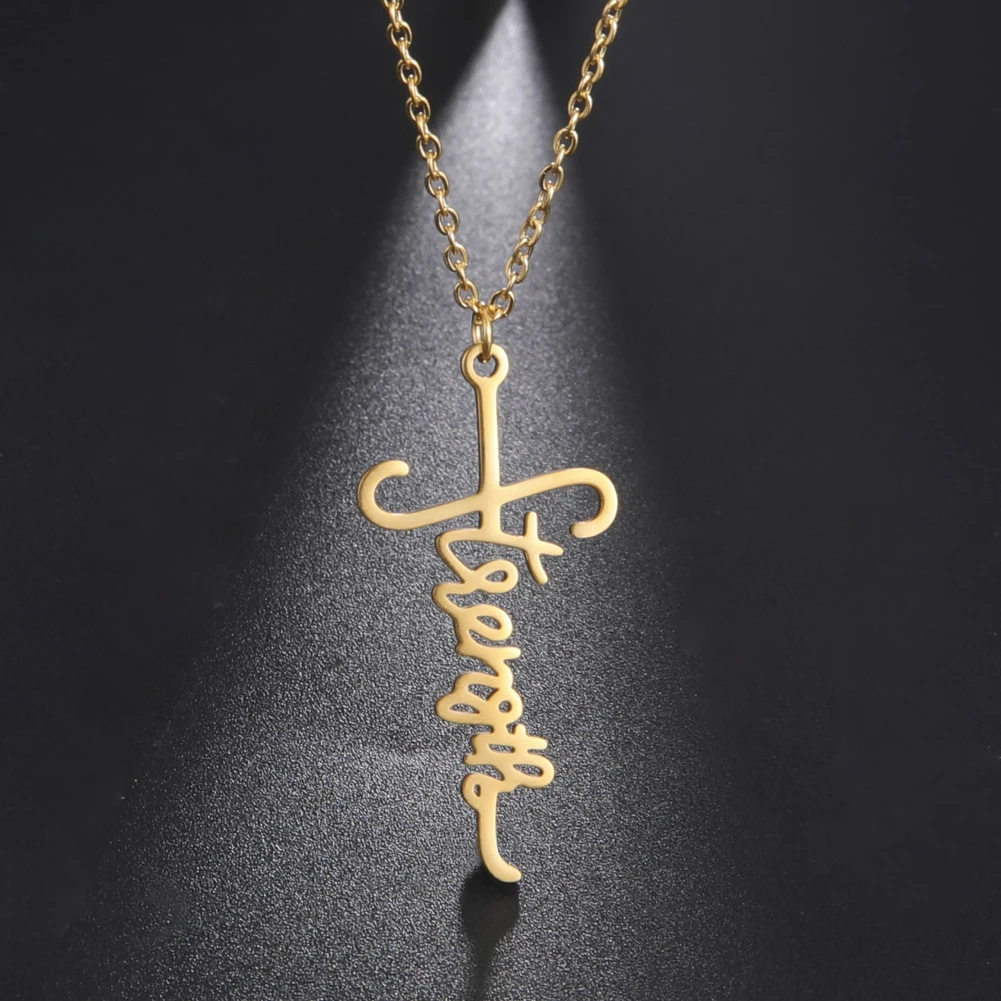 

My Shape Strength Cross Pendant Necklaces for Women Stainless Steel Letter Necklace choker Fashion Aesthetic Jewelry collier