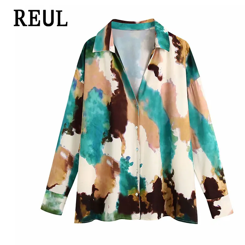 

REUL Za Women 2021 Fall Fashion Tie Dye Print Loose Blouses Vintage Long Sleeve Vents Female Set Shirts Blusas Chic Tops