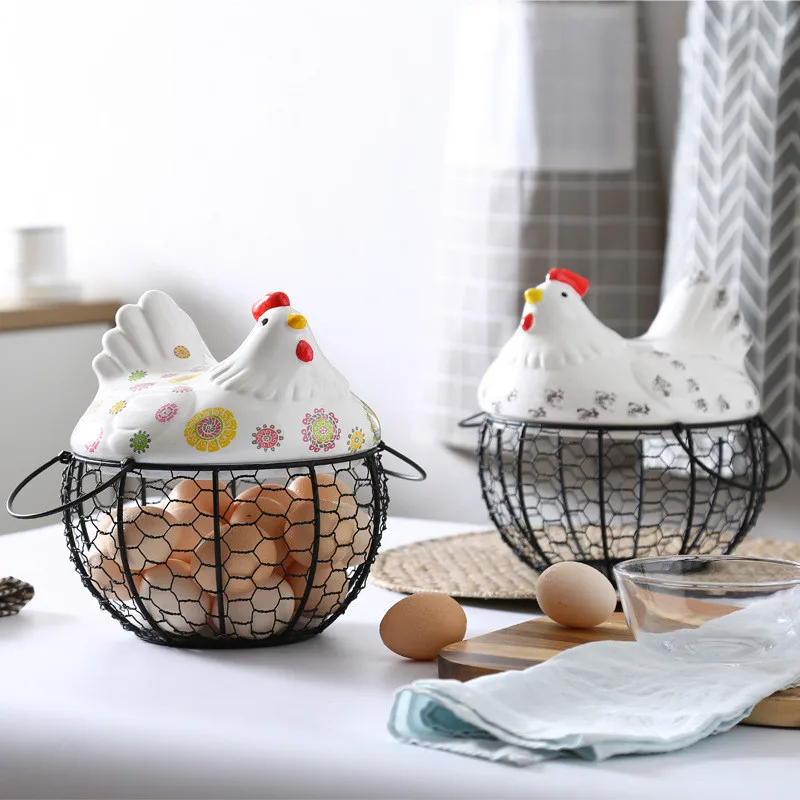 

Accessories Ceramic Iron Egg Basket Fruit Basket Garlic Potato Sundries Storage Box Kitchen Ceramic Hen Storage Decorative