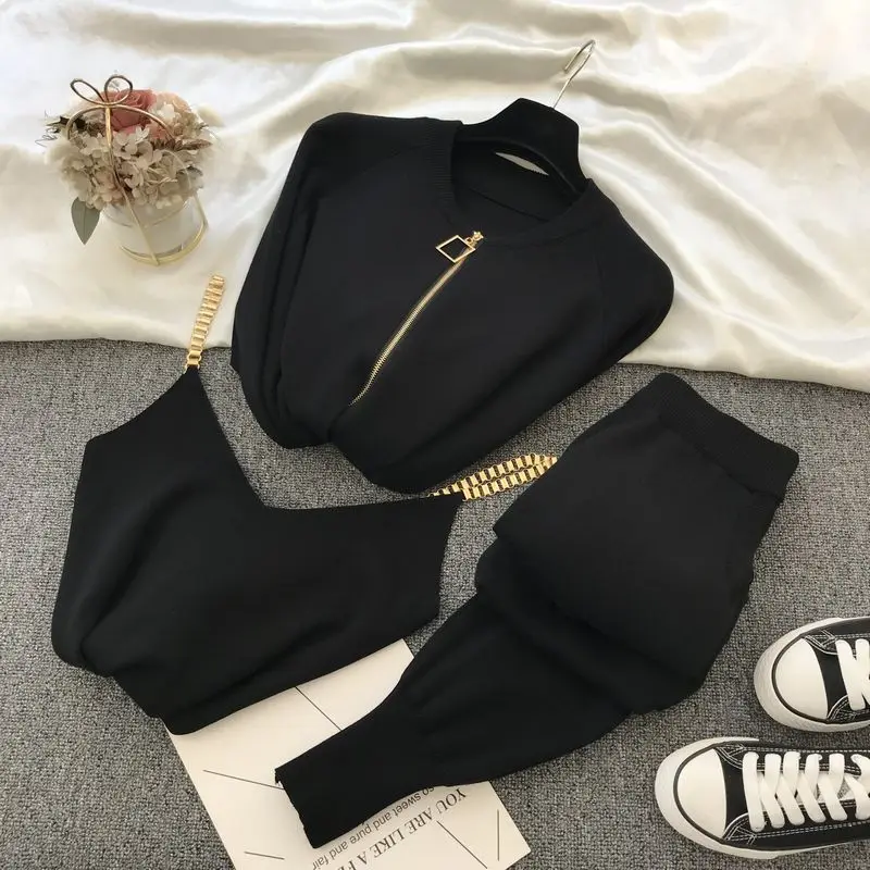 

New Arrival Spring Zipper Women's Knitted Cardigans + Chain Vest + Pants 3pcs Sets Fashion Suit Elasticity Tracksuits Outfits